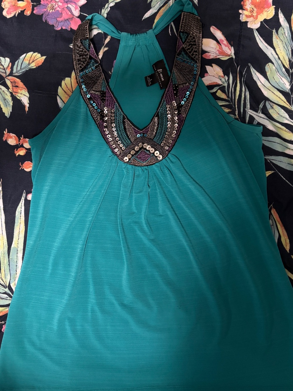 2010s Worthington Sequin Halter Tank Top - Teal